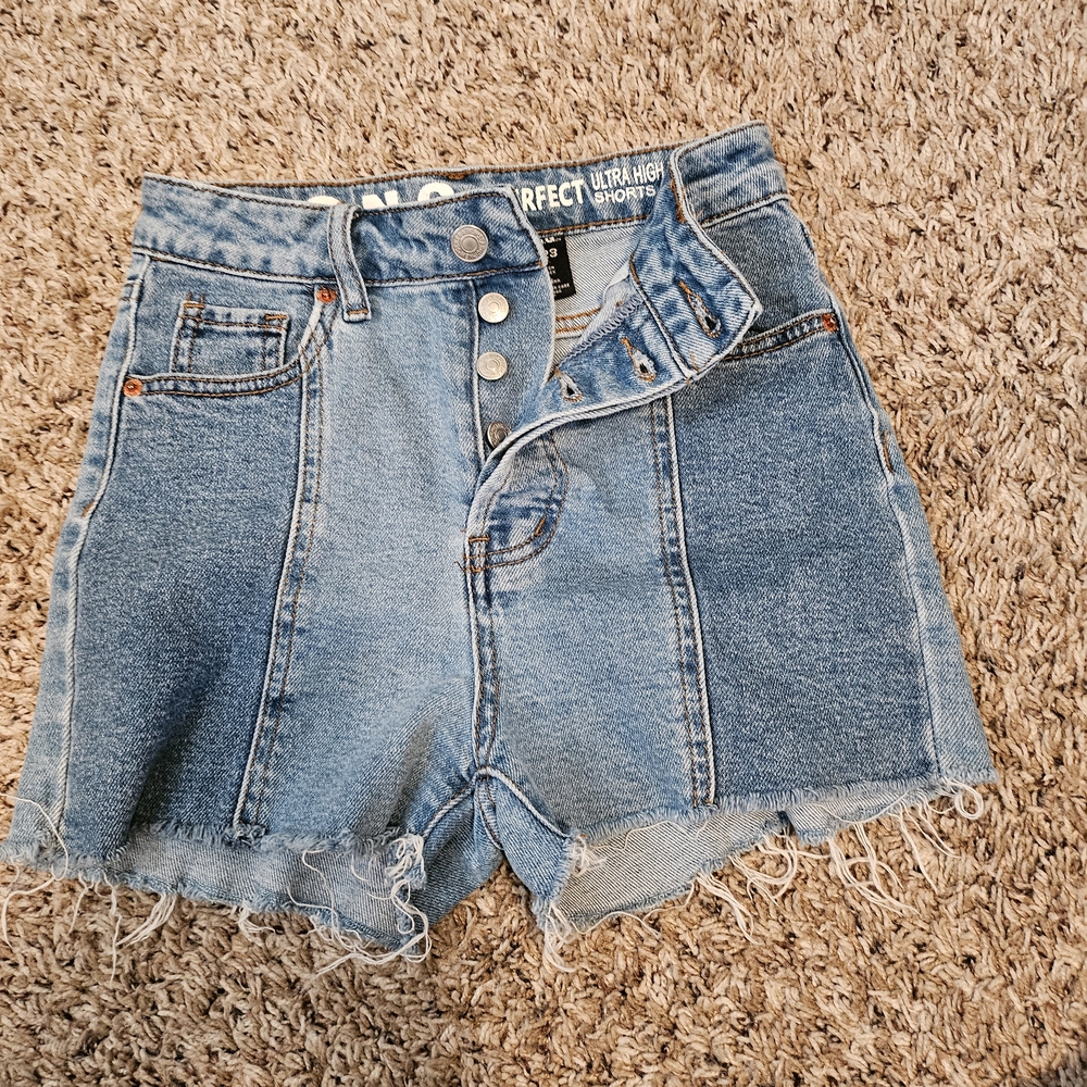 High Waist Blue Denim Shorts with Frayed Hems